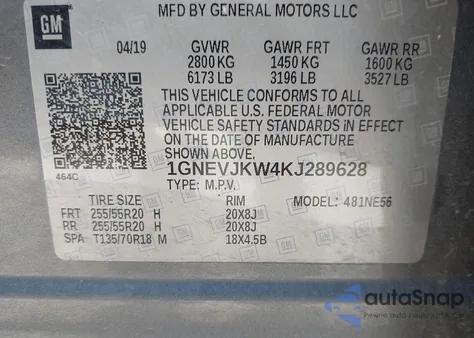 2019 Chevrolet Traverse High Country z USA, uszkodzony, nr VIN 1GNEVJKW4KJ289628